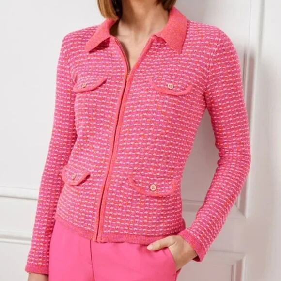 Talbots WOMENS 2X Cardigan Sweater Pink Orange Dash Stripe Collared Full Zip - Picture 1 of 9
